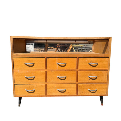 Haberdashery shop counter with glass display top and tapered black legs