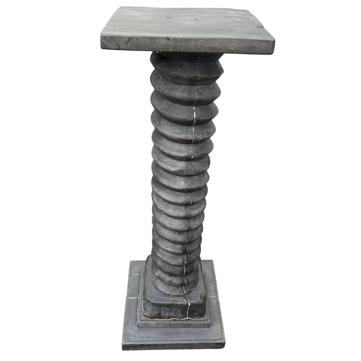 Side view of vintage wine press column pedestal with charcoal finish
