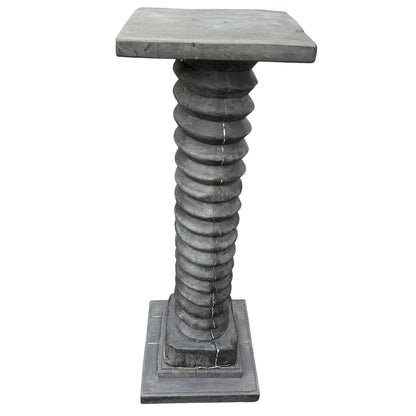Side view of vintage wine press column pedestal with charcoal finish