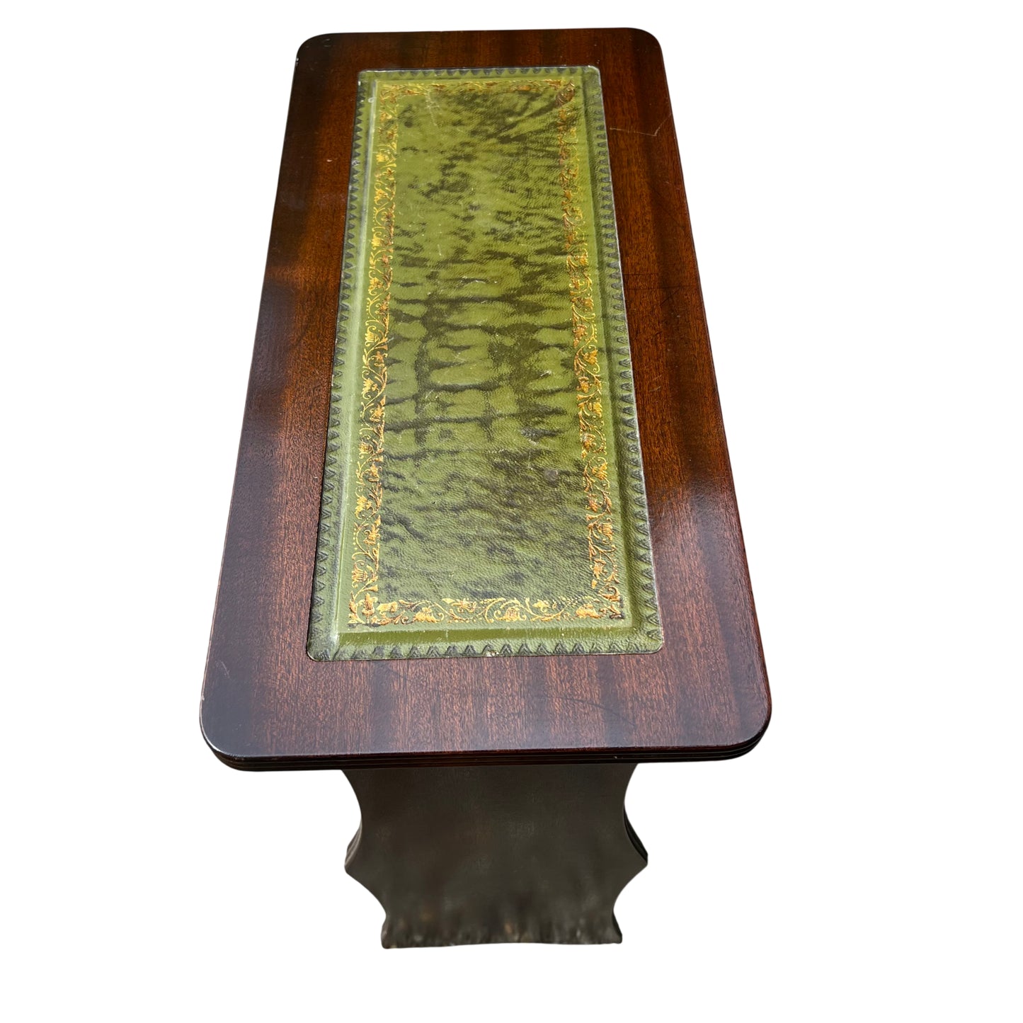 Narrow mahogany cabinet with green leather inset top and moulded edge detail