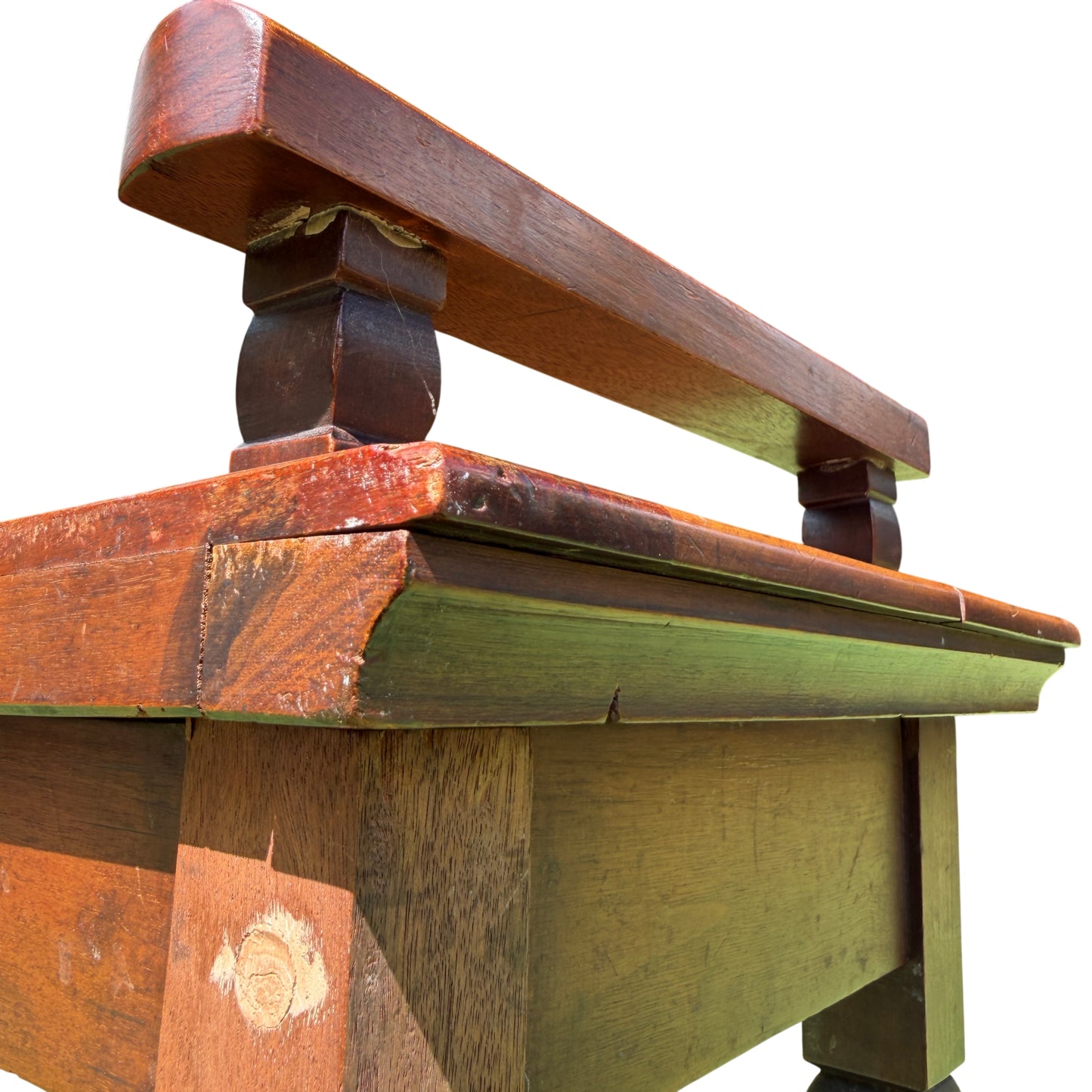 Front view of small vintage mahogany console table with two handles and rectangular top