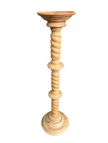 Turned beech wooden plant stand with barley twist spiral column and raised lip top