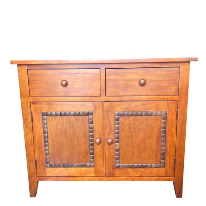 Oak cupboard with decorative square trim panels and two drawers above