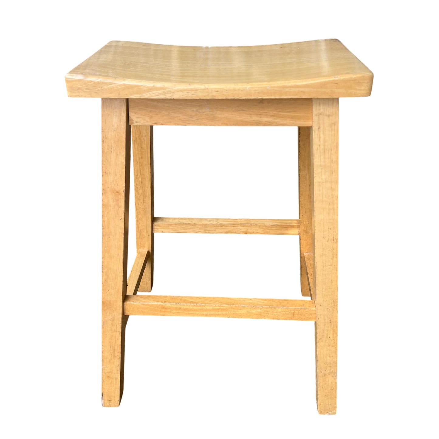 Solid wood curved-seat bar stool with light varnished finish front view