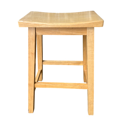 Solid wood curved-seat bar stool with light varnished finish front view