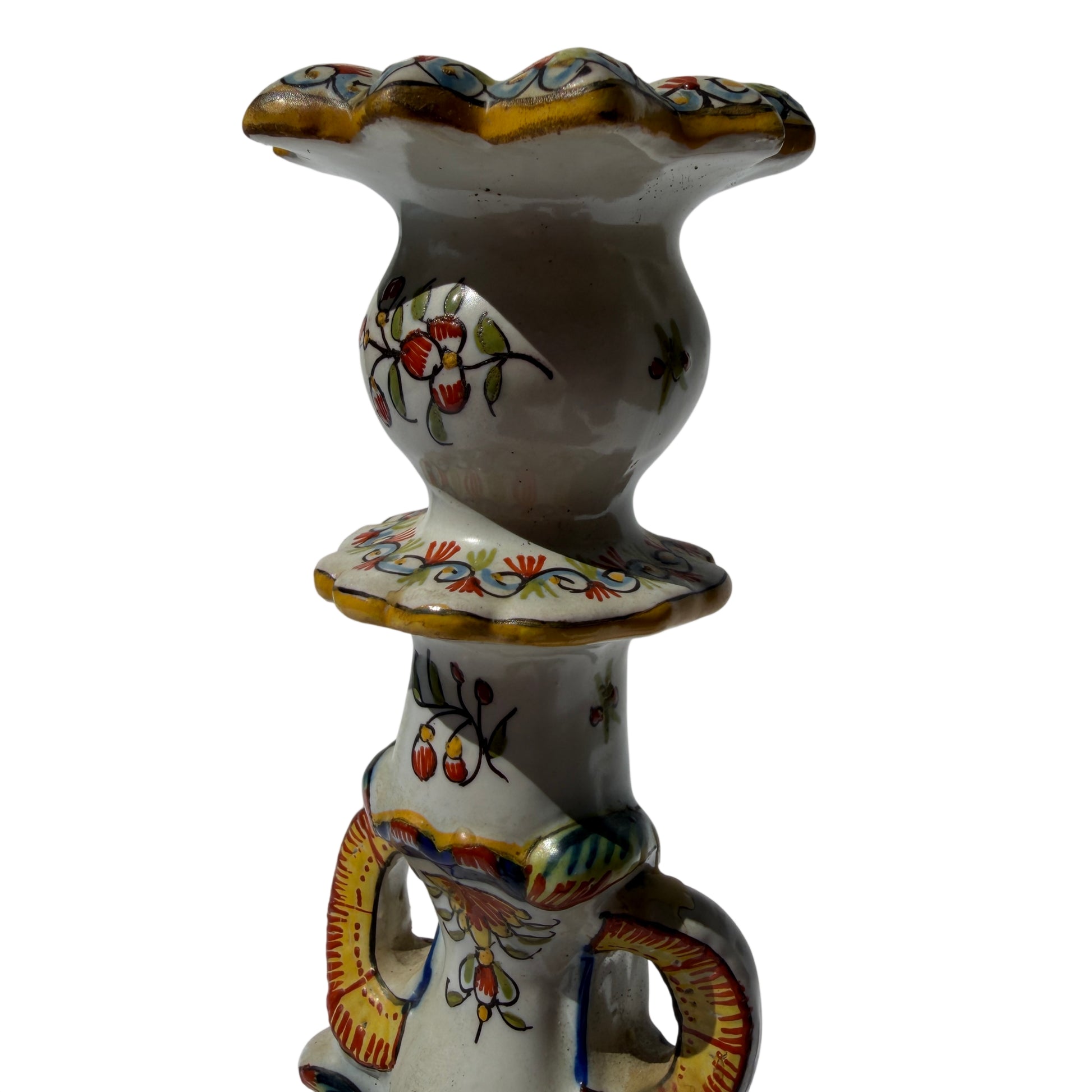 Hand-painted floral decoration on glazed Rouen faience-style candlestick