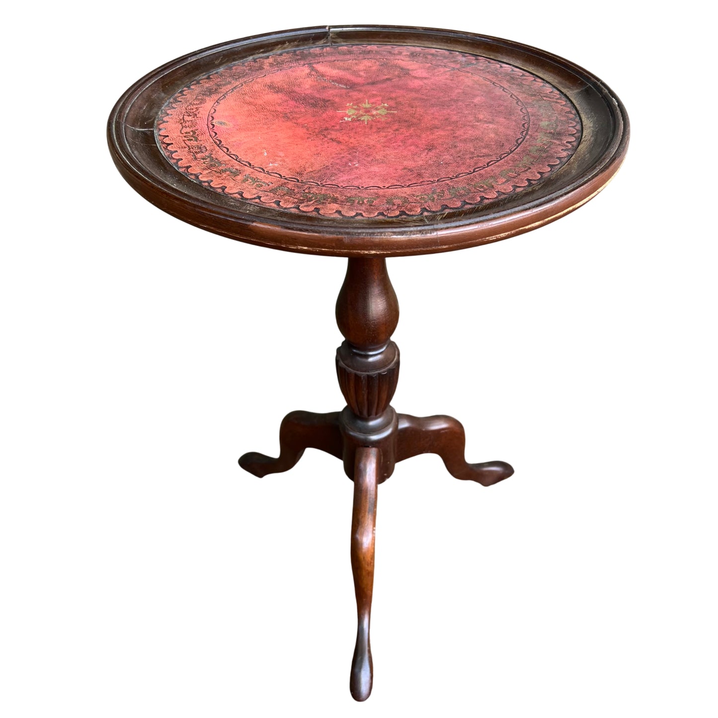 Victorian mahogany pedestal side table with round red tooled leather top and tripod base