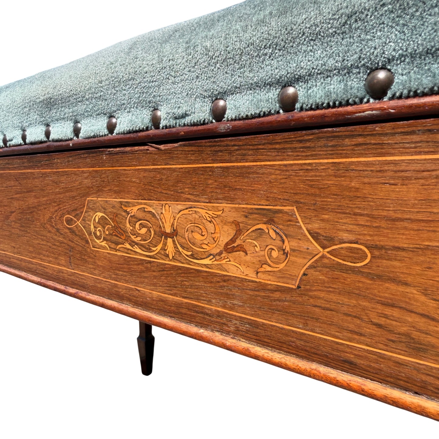 Rear view of bench lid underside showing timber panels and hinges