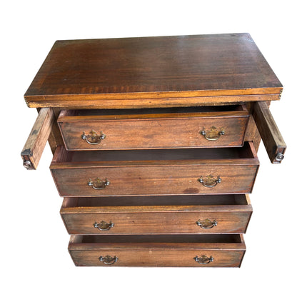 Front view of vintage oak dresser showing moulded drawer edges