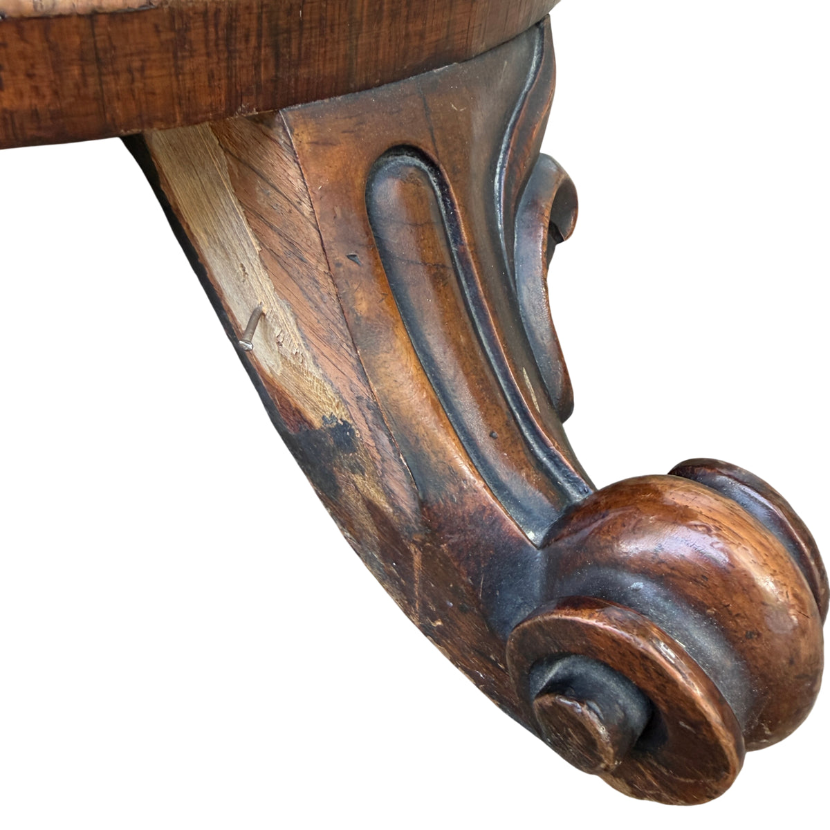 Full view of Victorian pedestal occasional table with carved details