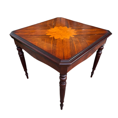 Vintage veneered inlaid games table with floral marquetry centre and turned fluted legs