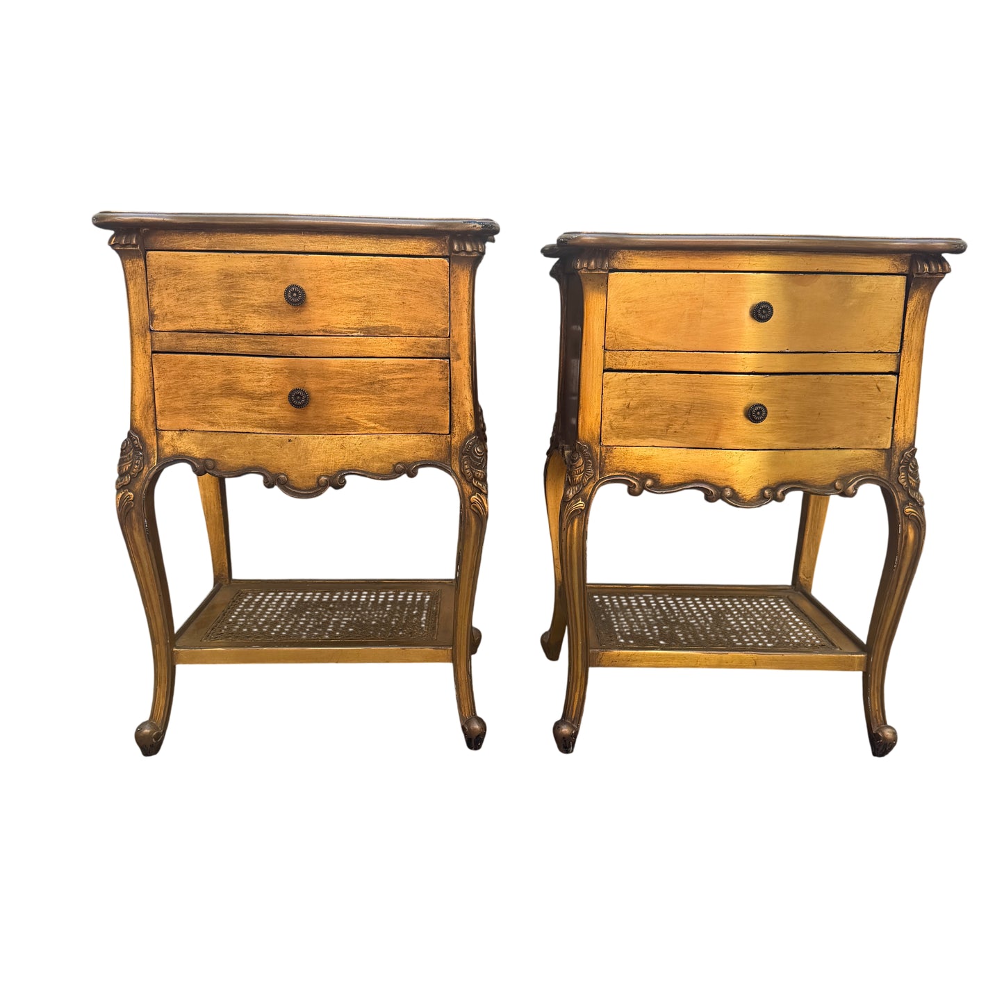 Gold painted bedside cabinet with two shallow drawers and round decorative knob