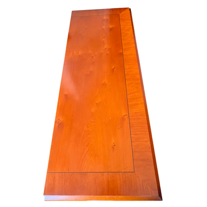Open shelving and pull-out drawer ledge in pine bookcase