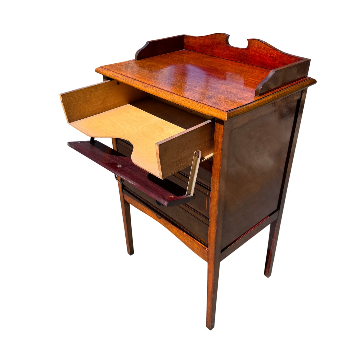 Narrow Edwardian chest of drawers with polished warm wood finish and shallow drawers