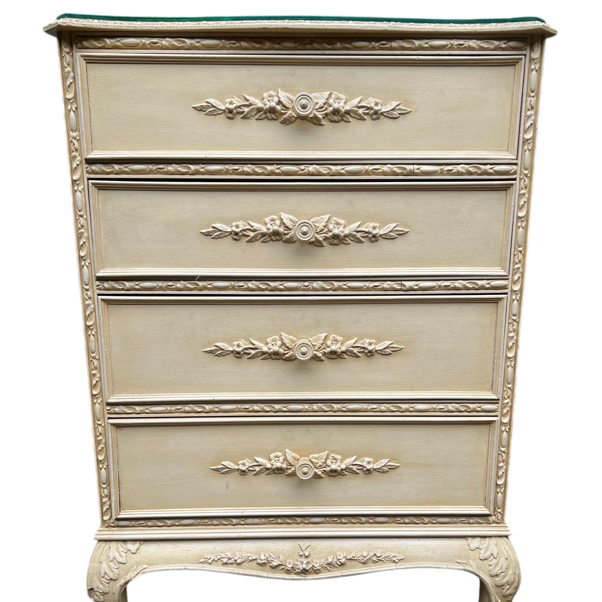 Four drawer vintage painted chest with cabriole legs and carved detailing