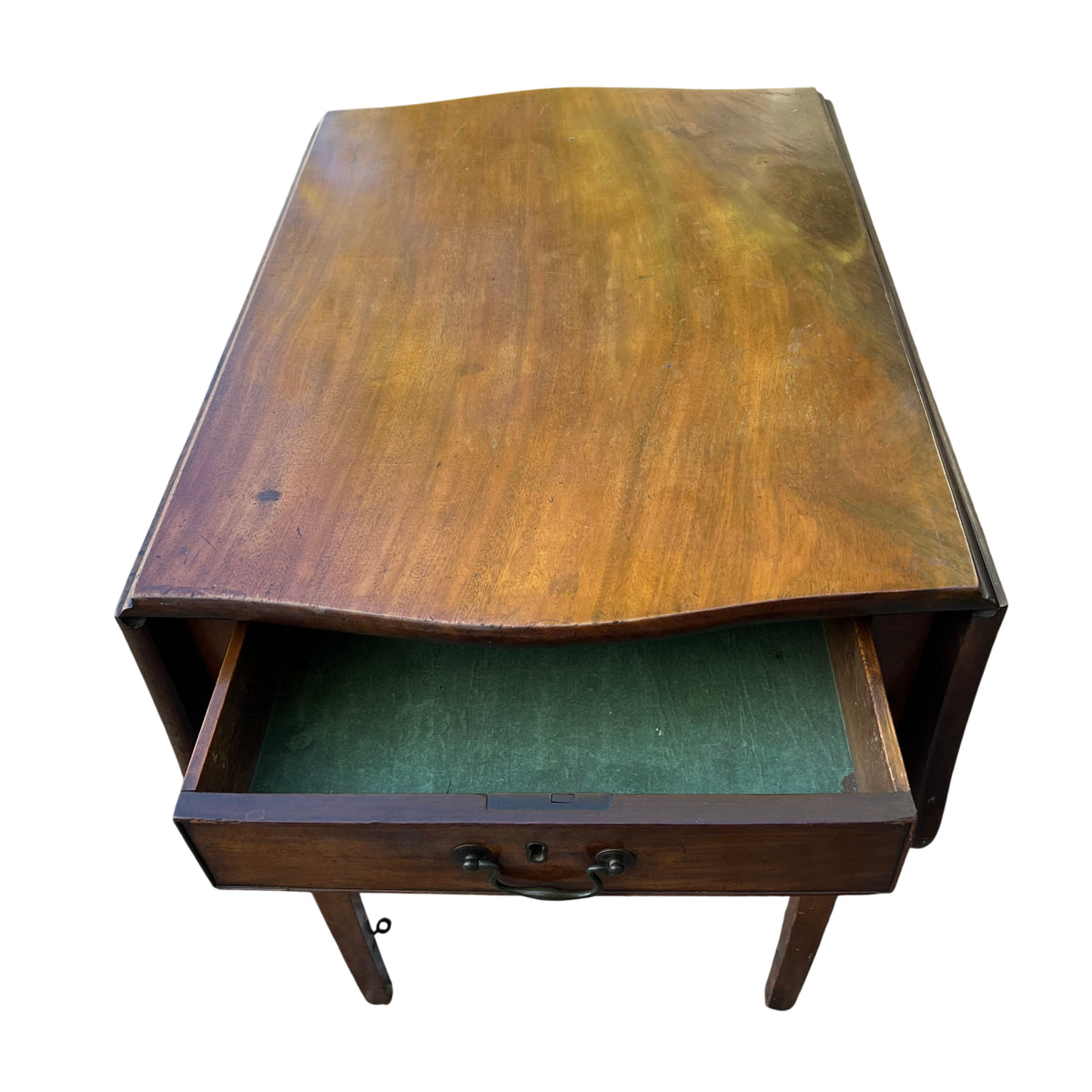 Front view of vintage Pembroke table with metal swing handle and key escutcheon