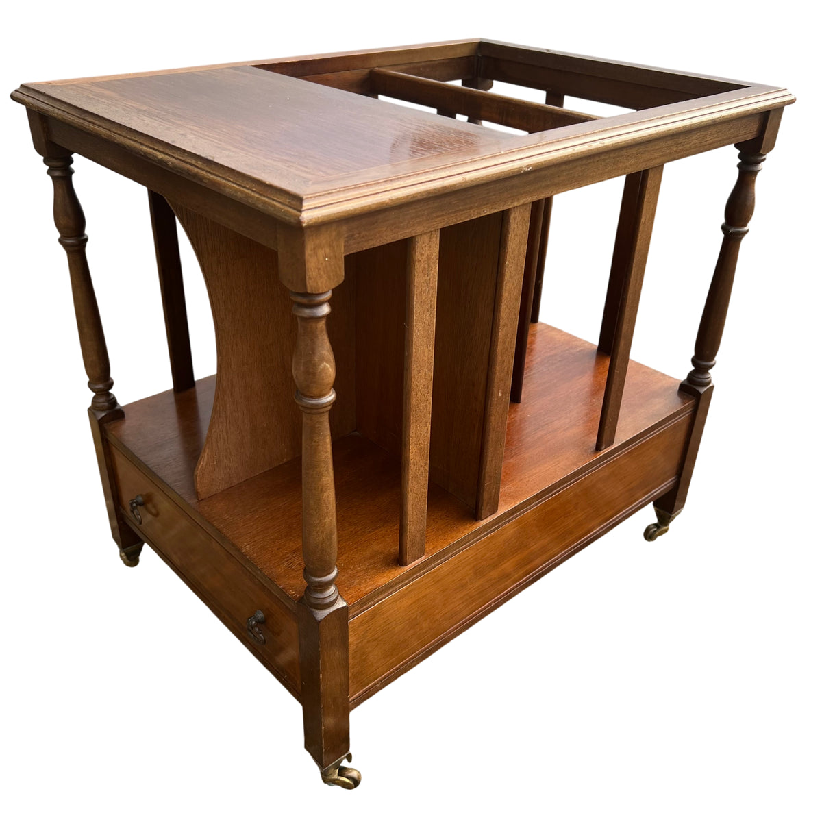 Mid Century wooden Canterbury magazine rack with drawer and brass castors
