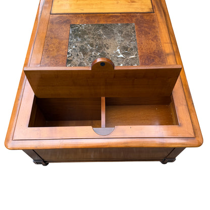 Corner detail showing rounded top edge and finish of wood coffee table