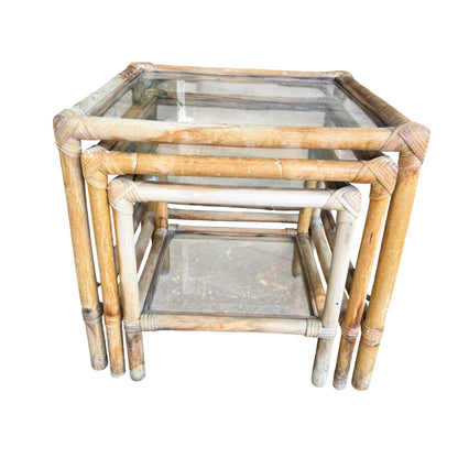 Detail of rattan frame and glass edge on a vintage nesting table