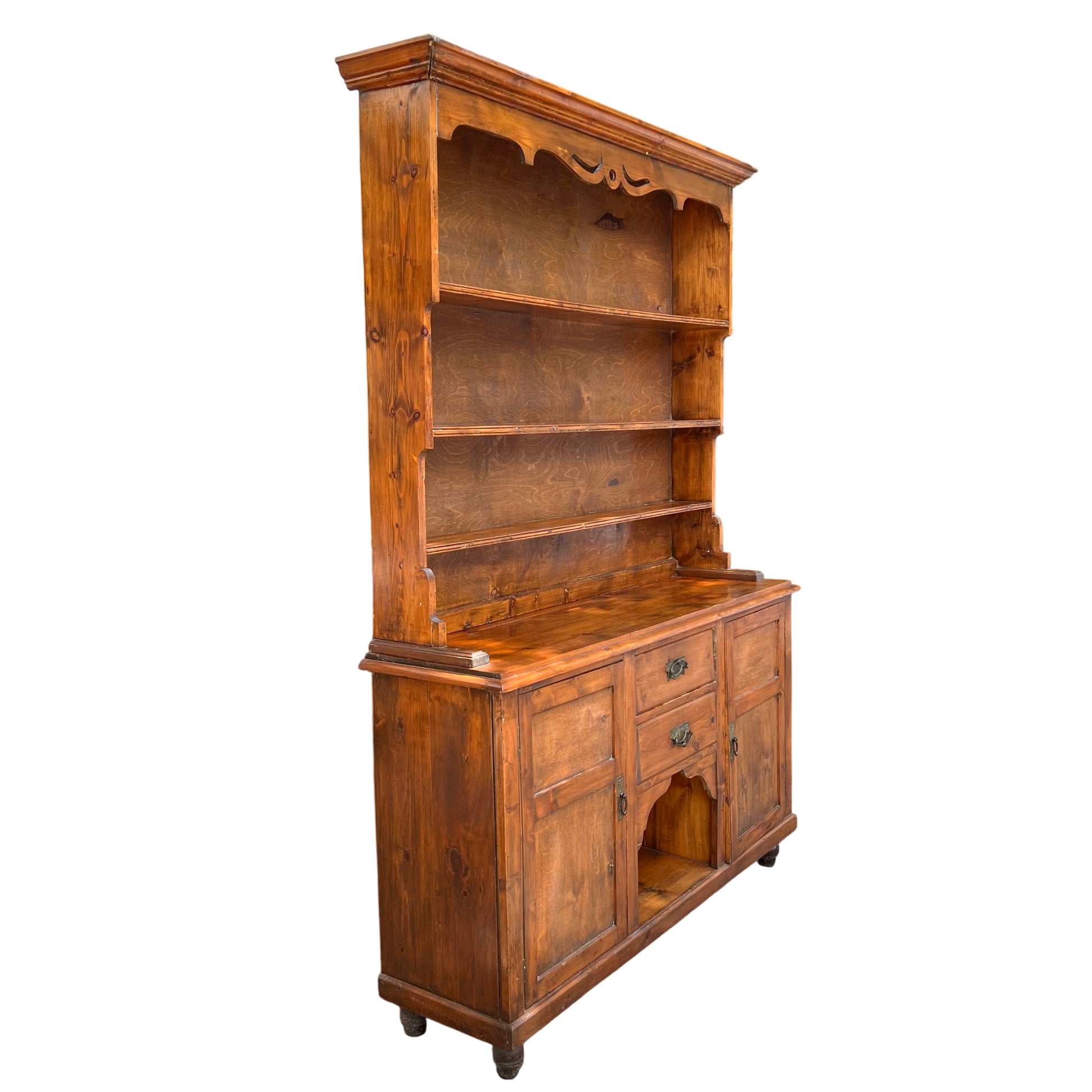 Vintage pine dresser top section with three open shelves and moulded cornice