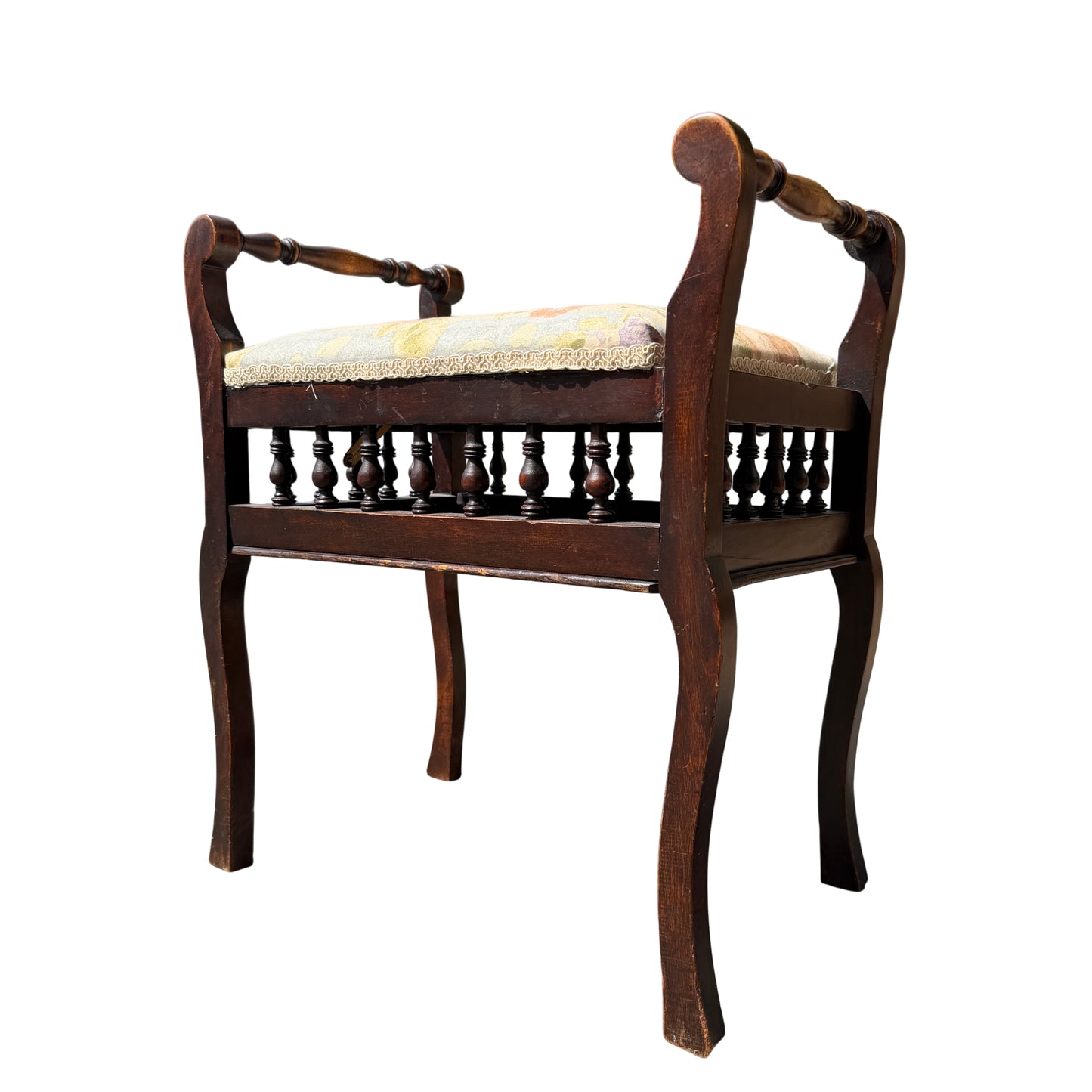 Rear view showing turned rail and frame of Victorian upholstered stool
