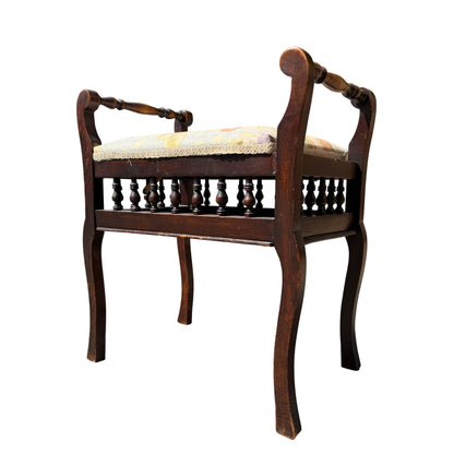 Rear view showing turned rail and frame of Victorian upholstered stool