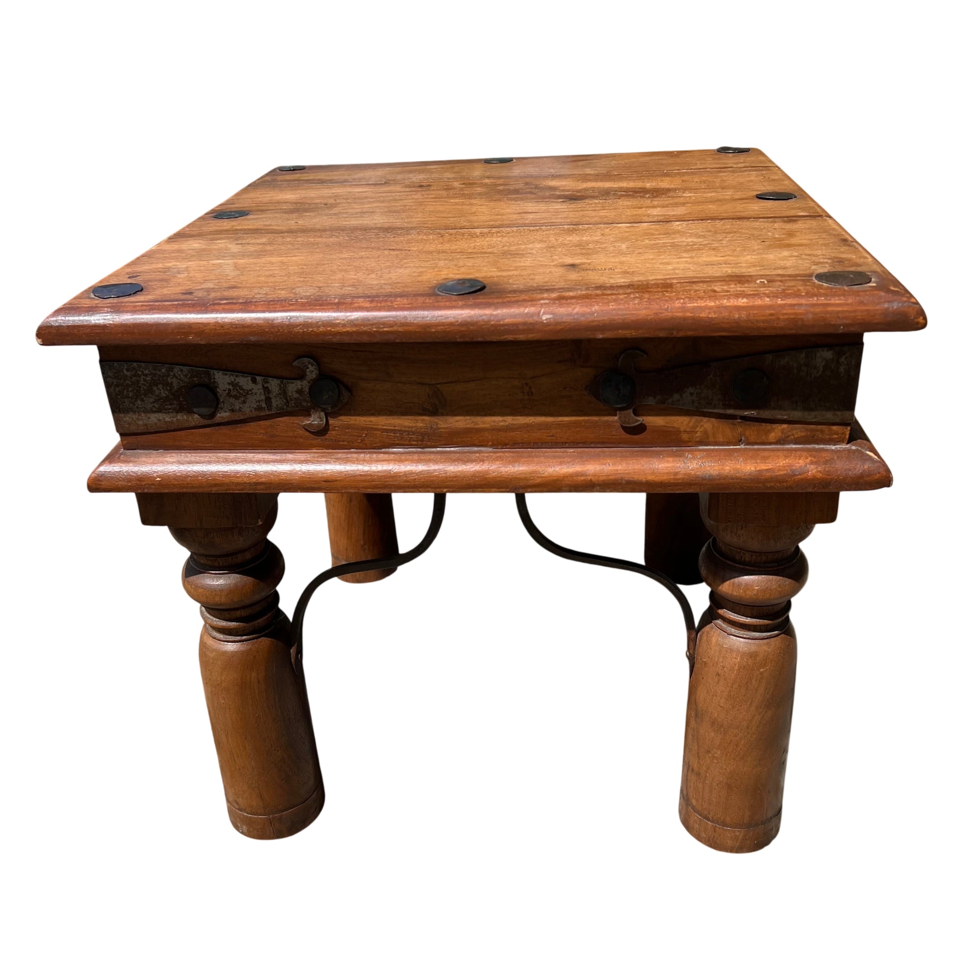 Vintage oak square coffee table with iron-strapped top and turned legs