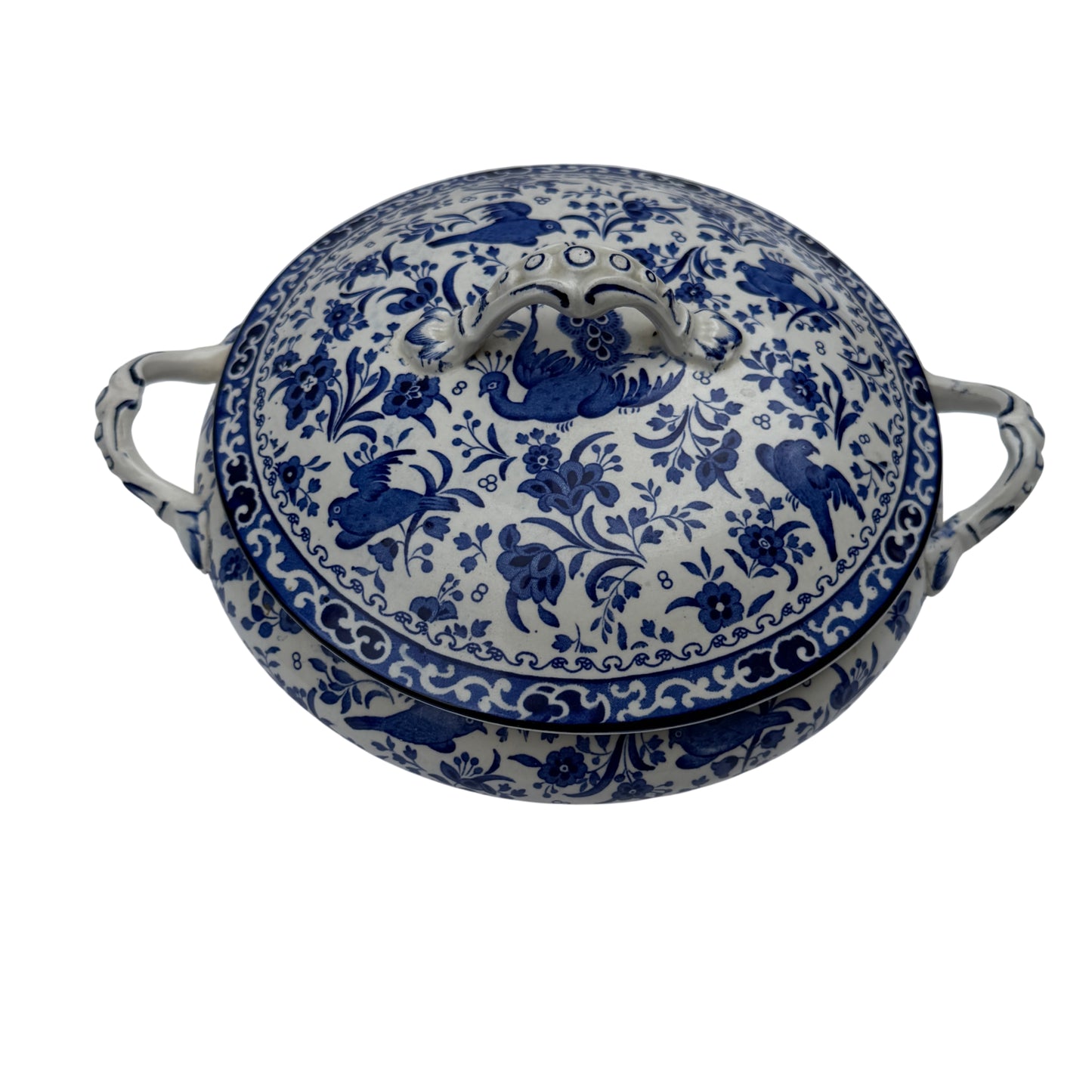 Top view of Burleigh Ware covered tureen showing Asiatic Pheasants transferware pattern