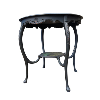 Round side table with hand-painted green fern decoration and distressed dark-wax painted finish