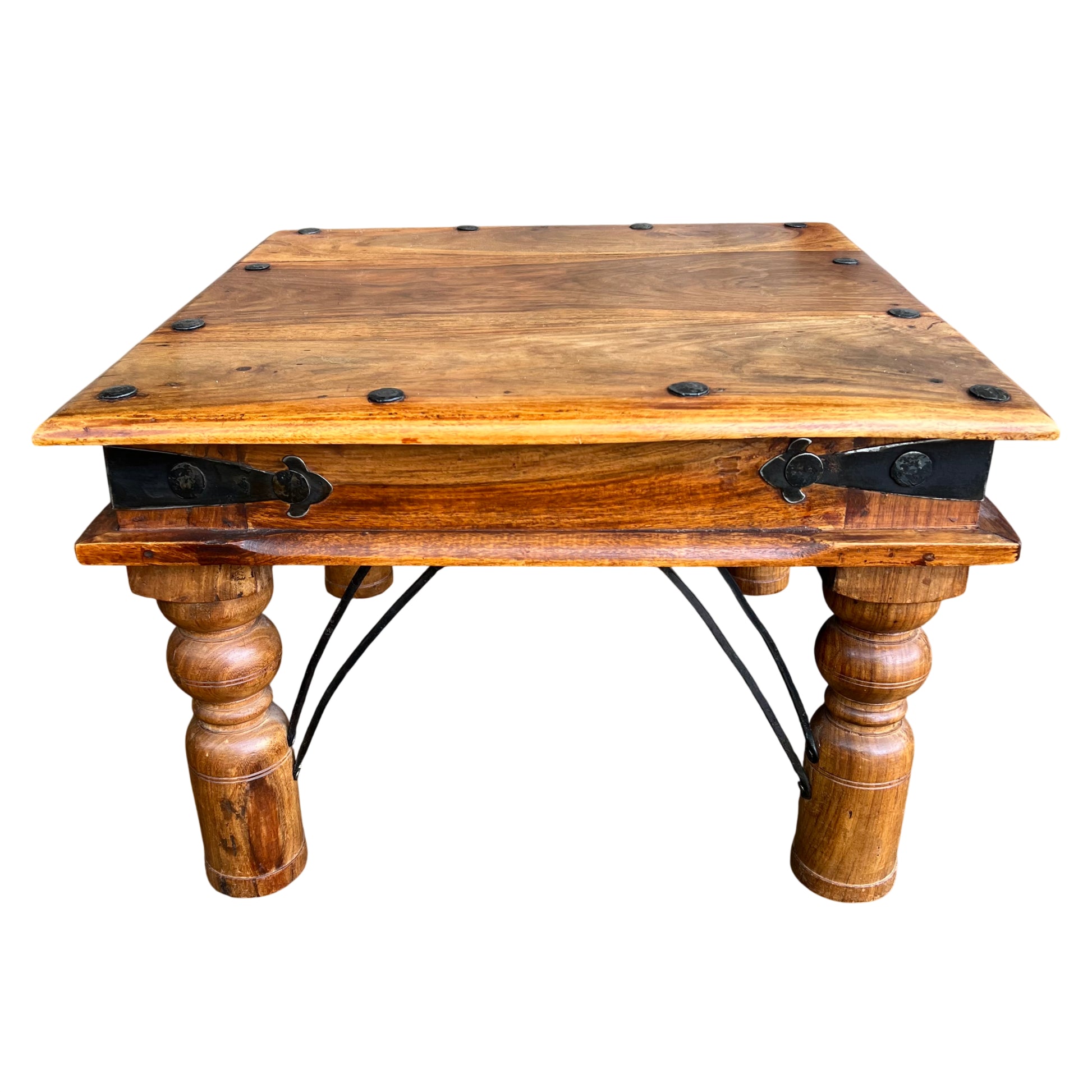 Square solid hardwood side table with turned legs and decorative iron strap and bolt detail