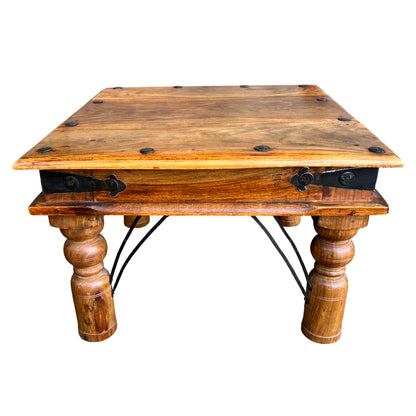 Square solid hardwood side table with turned legs and decorative iron strap and bolt detail