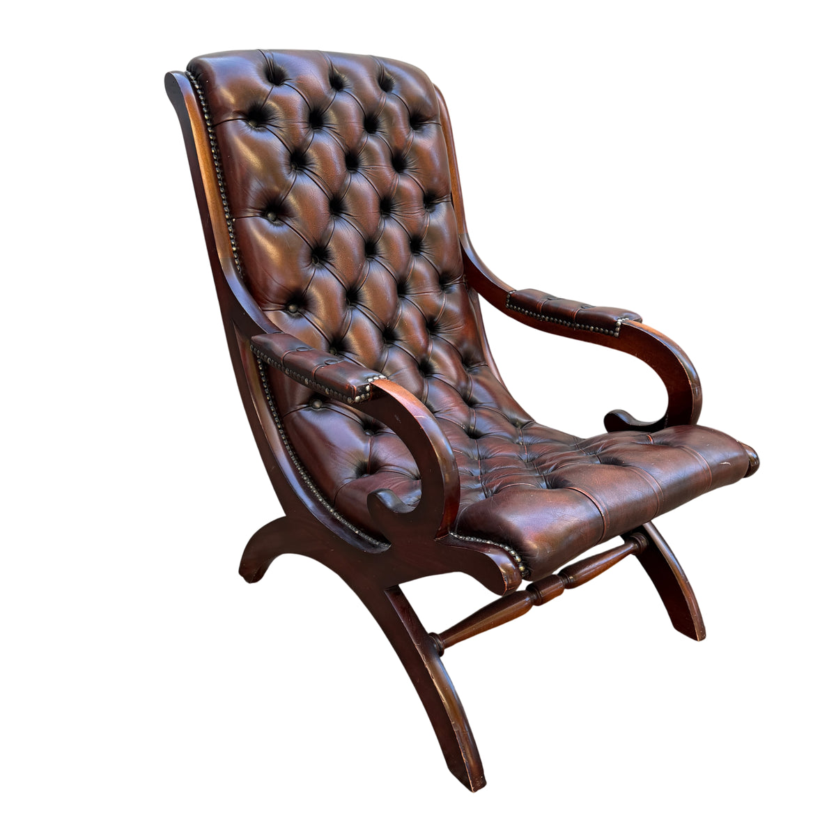 1990s leather Chesterfield slipper armchair with deep-button tufting and mahogany frame