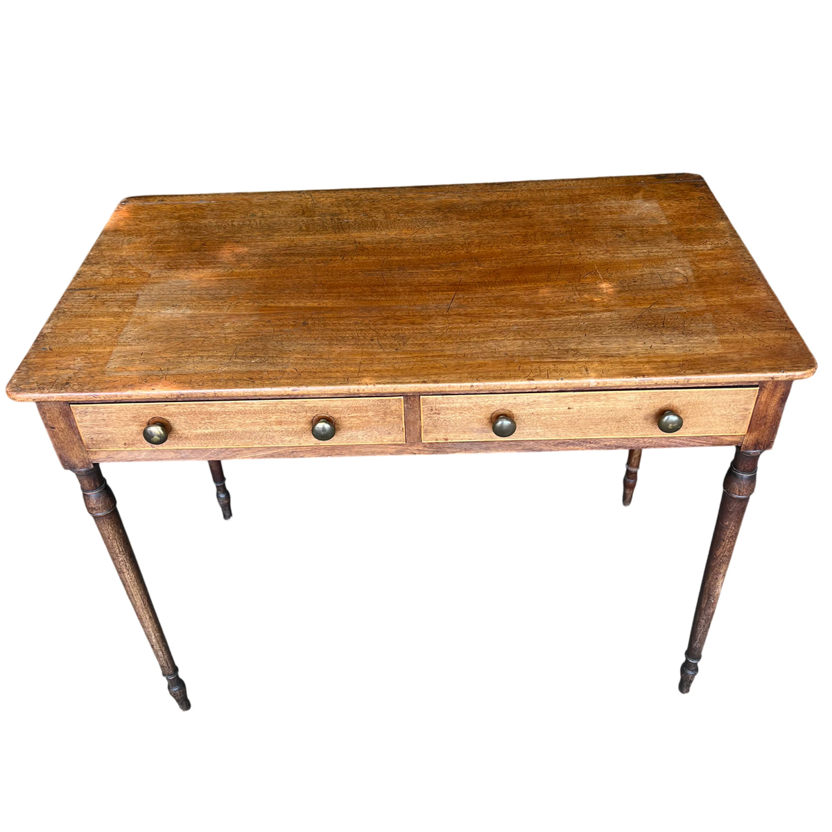 Narrow oak console table for hallway with two drawers and turned tapering legs
