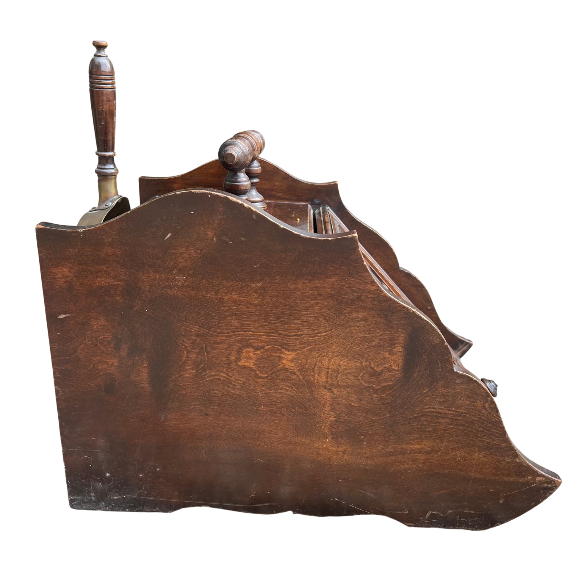 Top view of Victorian coal scuttle showing turned wooden handle and twin supports