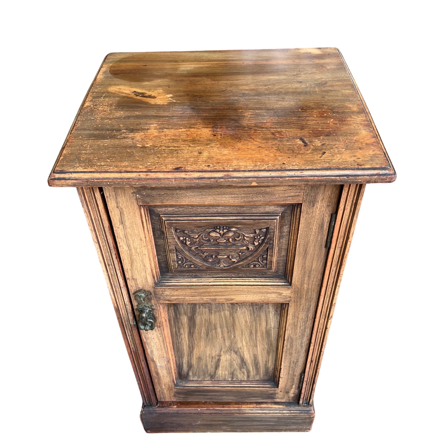 Top view of vintage oak bedside cabinet showing aged patina and wood grain