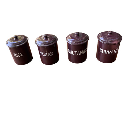 Purple enamel kitchen canister labelled Rice with fitted lid
