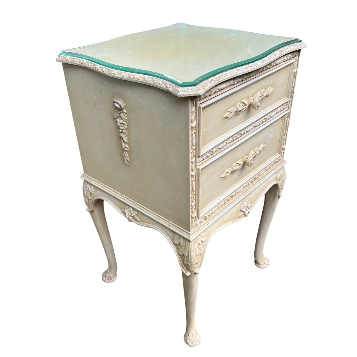 Vintage French Provincial painted bedside cabinet with carved floral mouldings and shaped glass top