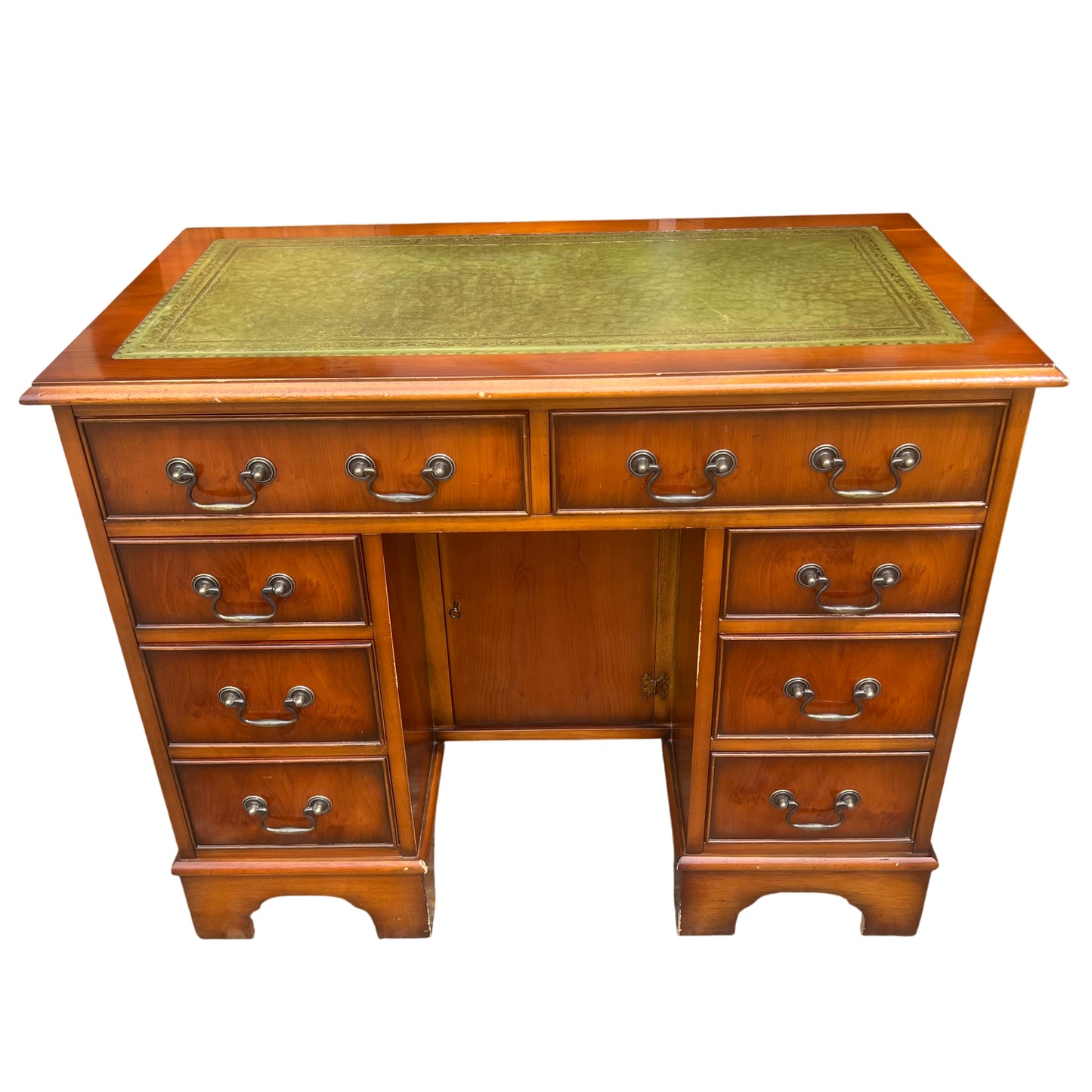 Vintage kneehole desk with inset green leather writing surface and wooden drawers