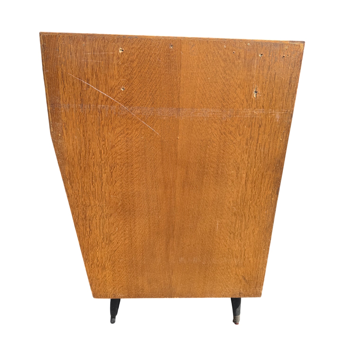 Side view of Mid Century display cabinet with visible deep gauges and veneer wear