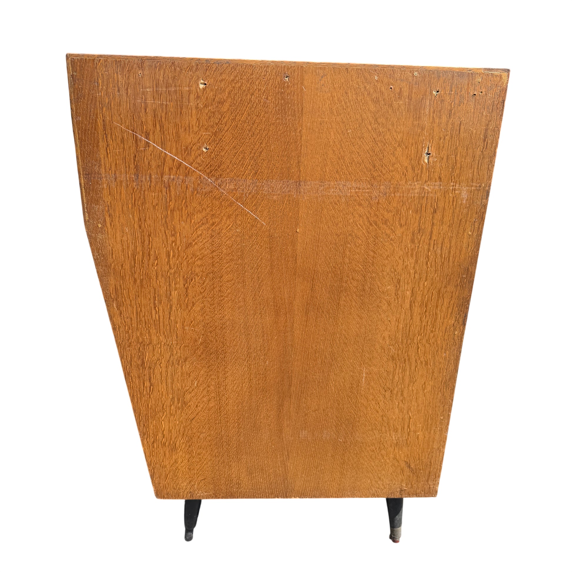 Side view of Mid Century display cabinet with visible deep gauges and veneer wear