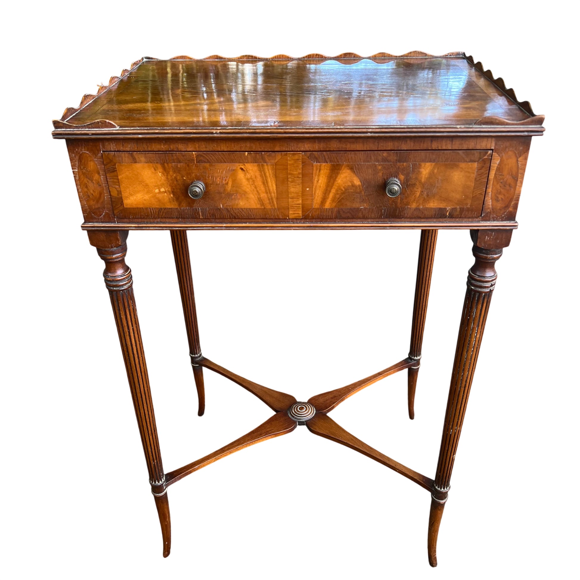 Victorian walnut hall table with scalloped gallery edge and single drawer