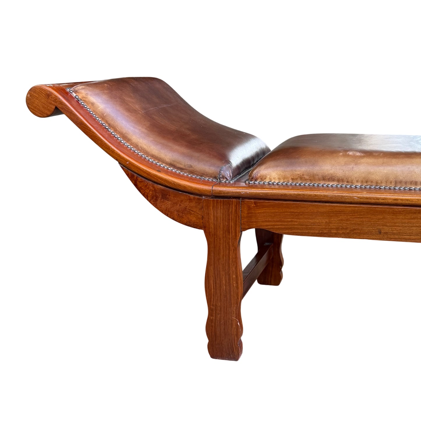 Antique leather daybed style chaise longue with solid wood construction