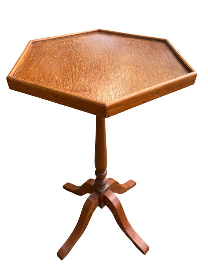 Hexagonal top oak pedestal side table with moulded rim and tripod legs