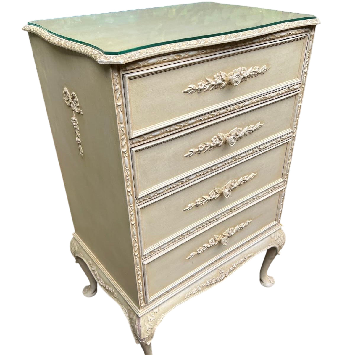 Cream painted French Provincial chest of drawers with floral gesso appliqués