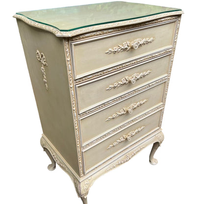 Cream painted French Provincial chest of drawers with floral gesso appliqués