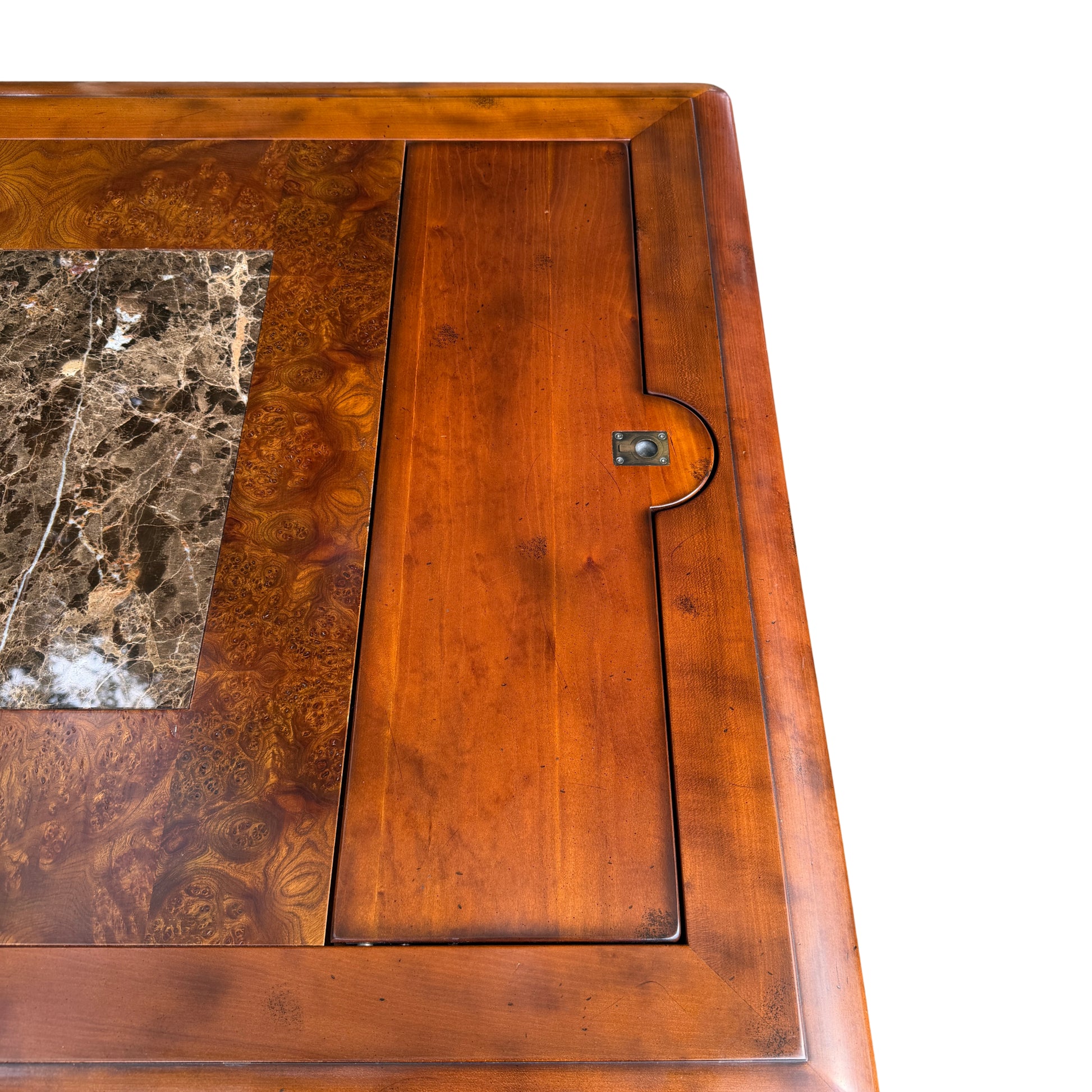 Corner detail of coffee table showing carved block and turned leg