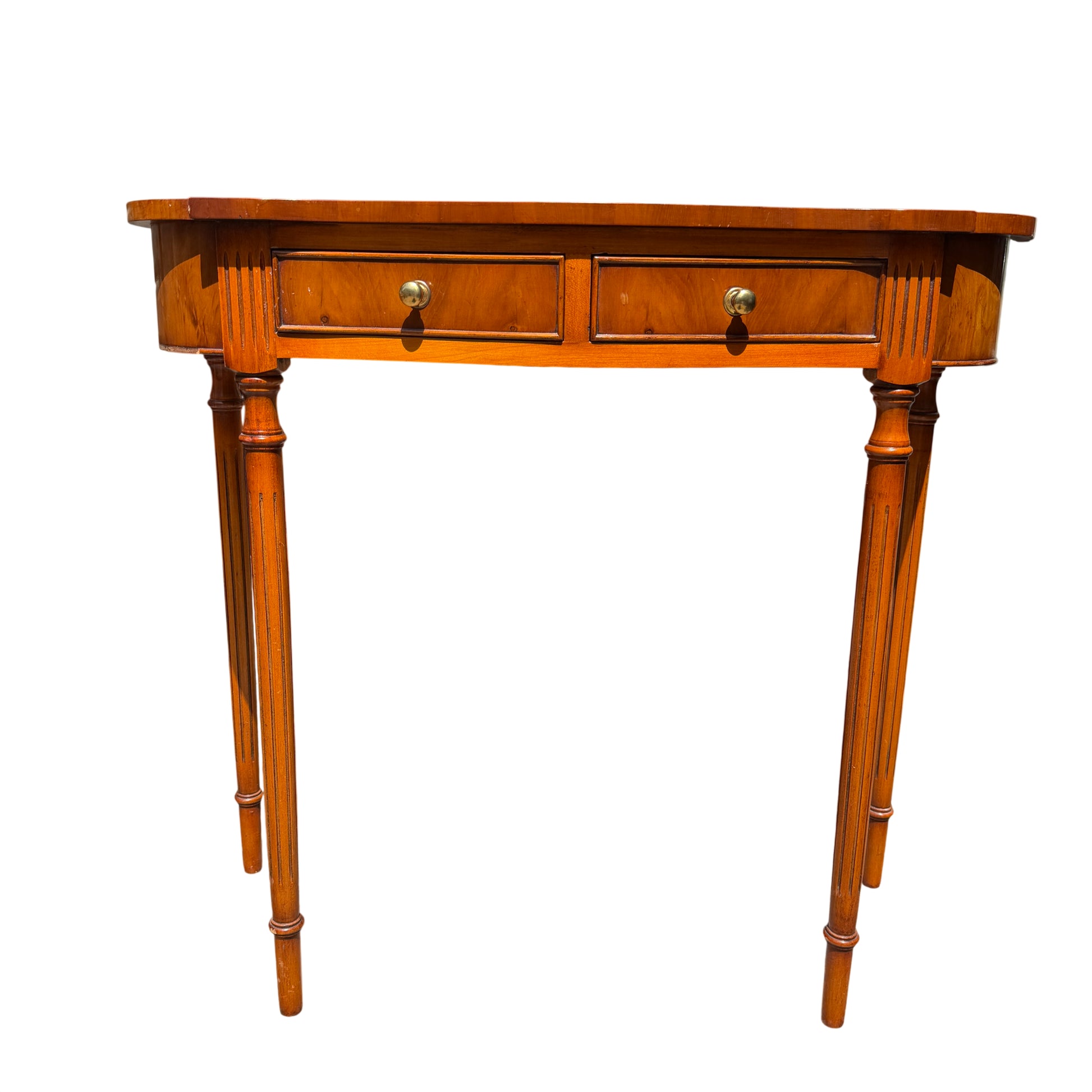 Narrow vintage console table with turned legs and burr veneer top