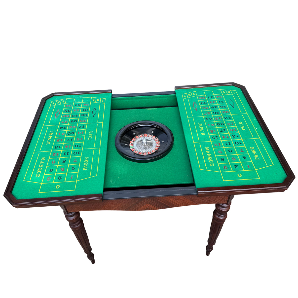 Top view of veneered games table showing book-matched veneer and inlaid marquetry centre