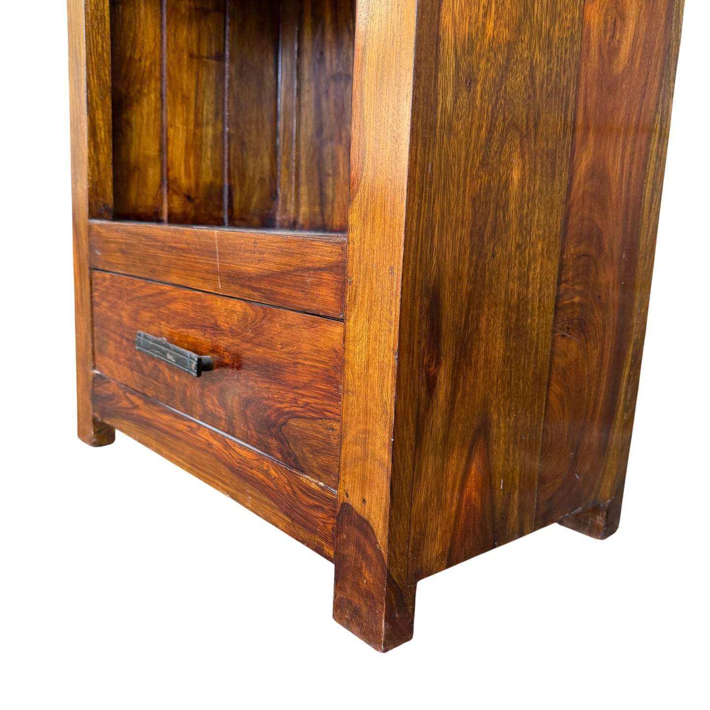 Side view of narrow bookcase showing solid hardwood construction and finish