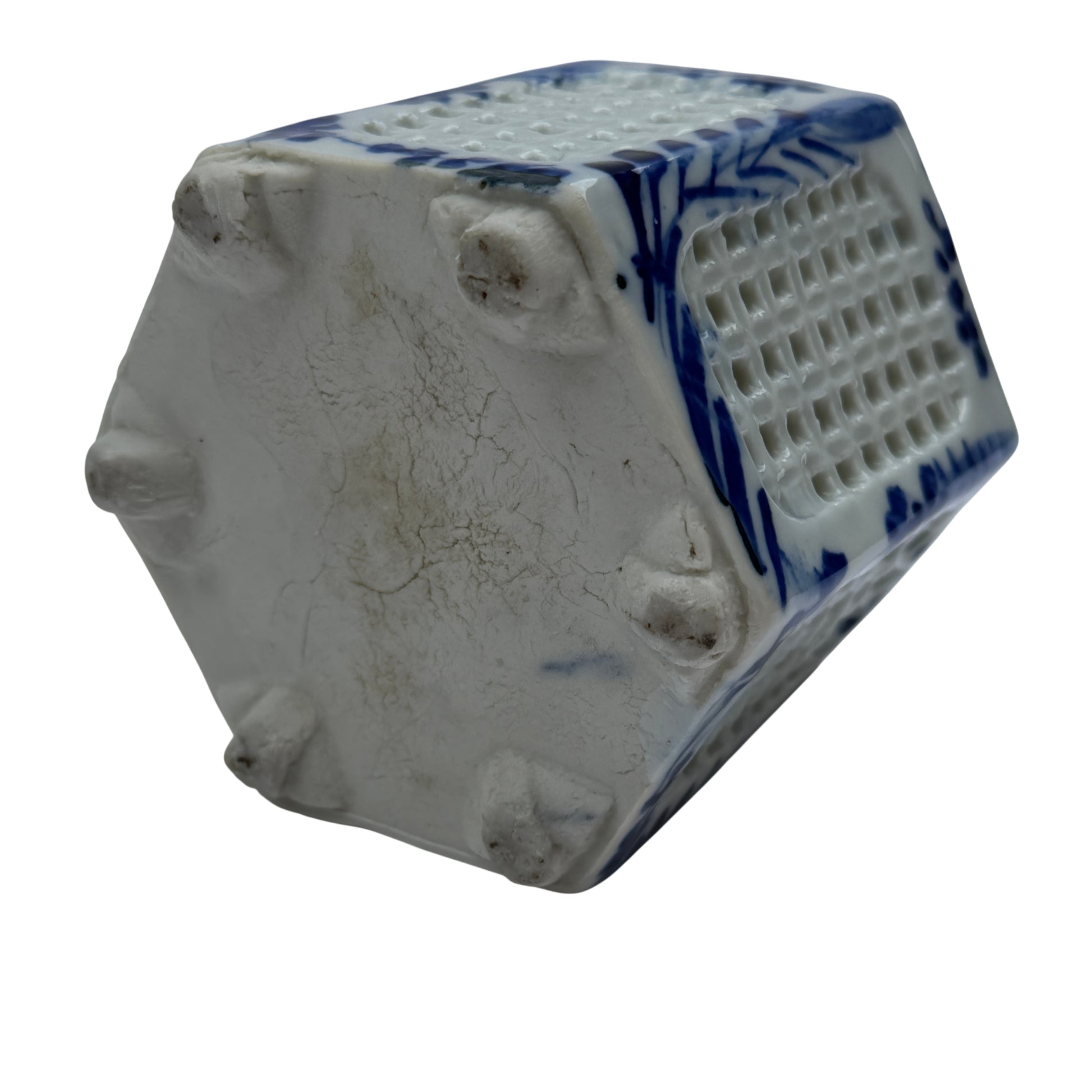 Top view of hexagonal lattice porcelain cachepot showing underglaze blue rim